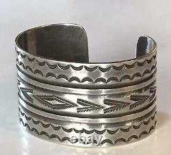 Handsome Wide Vintage Navajo Indian Stampwork Silver Cuff Bracelet