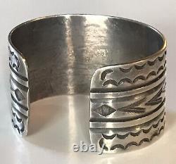 Handsome Wide Vintage Navajo Indian Stampwork Silver Cuff Bracelet