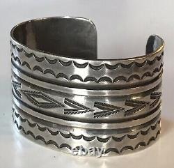 Handsome Wide Vintage Navajo Indian Stampwork Silver Cuff Bracelet