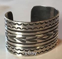 Handsome Wide Vintage Navajo Indian Stampwork Silver Cuff Bracelet