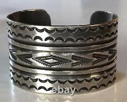 Handsome Wide Vintage Navajo Indian Stampwork Silver Cuff Bracelet