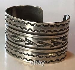 Handsome Wide Vintage Navajo Indian Stampwork Silver Cuff Bracelet