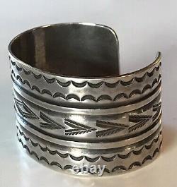 Handsome Wide Vintage Navajo Indian Stampwork Silver Cuff Bracelet