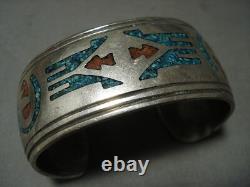 Heavier And Wide Vintage Navajo Turquoise Coral Silver Bracelet Old