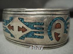 Heavier And Wide Vintage Navajo Turquoise Coral Silver Bracelet Old