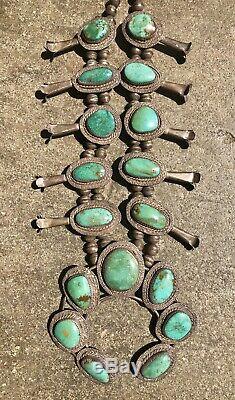 Heavy 194g Vintage Signed Sterling Royston Turquoise Squash Blossom Necklace