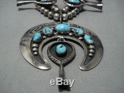 Heavy Bisbee Turquoise Vintage Navajo Sterling Silver Squash Blossom Necklace