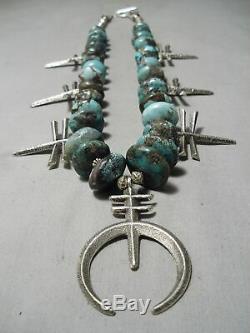 Heavy Cross Vintage Navajo Turquoise Sterling Silver Squash Blossom Necklace