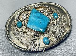 Heavy Detailed Vintage Navajo Turquoise Sterling Silver Leaf Buckle Old