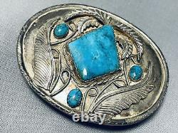 Heavy Detailed Vintage Navajo Turquoise Sterling Silver Leaf Buckle Old