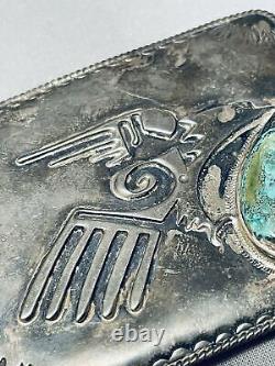 Heavy Old Patina Vintage Hopi Turquoise Sterling Silver Buckle Old