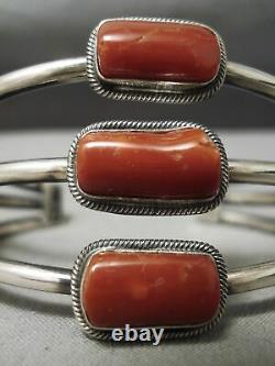 Heavy Thick Vintage Navajo Chunky Red Coral Sterling Silver Bracelet