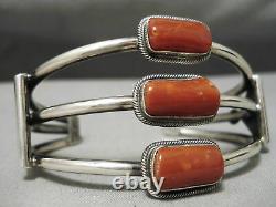 Heavy Thick Vintage Navajo Chunky Red Coral Sterling Silver Bracelet