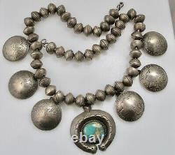 Huge Coin Silver Turquoise Squash Blossom Necklace Morgan Silver Dimes Native