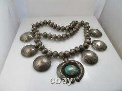 Huge Coin Silver Turquoise Squash Blossom Necklace Morgan Silver Dimes Native