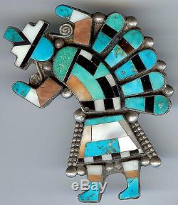 Huge Deluxe Vintage Zuni Indian Sterling Inlaid Coral Turquoise Rainbow Man Pin