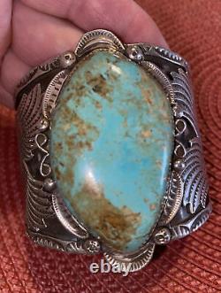 Huge Navajo Albert Cleveland Silver Turquoise Eagle Overlay Cuff Bracelet 160 Gr