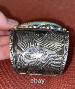 Huge Navajo Albert Cleveland Silver Turquoise Eagle Overlay Cuff Bracelet 160 Gr