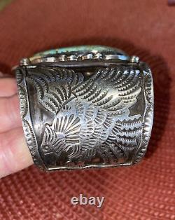 Huge Navajo Albert Cleveland Silver Turquoise Eagle Overlay Cuff Bracelet 160 Gr