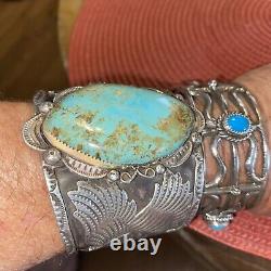 Huge Navajo Albert Cleveland Silver Turquoise Eagle Overlay Cuff Bracelet 160 Gr
