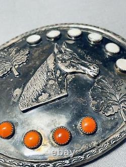 Huge Old Horse Vintage Navajo Coral Sterling Silver Buckle