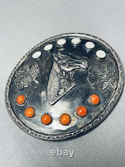 Huge Old Horse Vintage Navajo Coral Sterling Silver Buckle