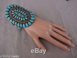 Huge Signed Vintage NAVAJO Sterling Silver TURQUOISE Cluster Cuff BRACELET