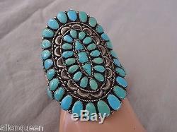 Huge Signed Vintage NAVAJO Sterling Silver TURQUOISE Cluster Cuff BRACELET