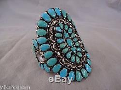 Huge Signed Vintage NAVAJO Sterling Silver TURQUOISE Cluster Cuff BRACELET