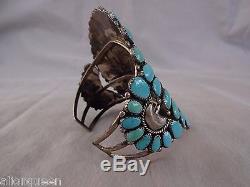 Huge Signed Vintage NAVAJO Sterling Silver TURQUOISE Cluster Cuff BRACELET