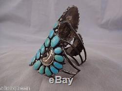 Huge Signed Vintage NAVAJO Sterling Silver TURQUOISE Cluster Cuff BRACELET