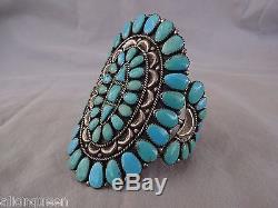 Huge Signed Vintage NAVAJO Sterling Silver TURQUOISE Cluster Cuff BRACELET