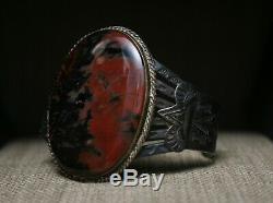 Huge Vintage Harvey Era Navajo Sterling Silver Petrified Wood Cuff Bracelet