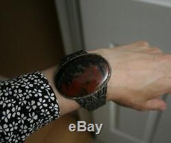 Huge Vintage Harvey Era Navajo Sterling Silver Petrified Wood Cuff Bracelet