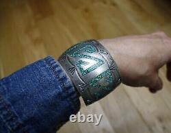 Huge Vintage Native American Navajo Sterling Silver Turquoise Cuff Bracelet