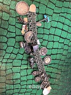 Huge Vintage Native American Southwest Sterling Silver Turquoise Charm Bracelet