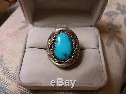 Huge Vintage Navajo Mens Kingman Turquoise Flower Sterling Silver Ring Size 10.5