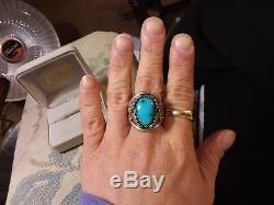 Huge Vintage Navajo Mens Kingman Turquoise Flower Sterling Silver Ring Size 10.5