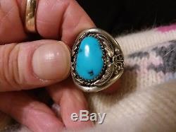 Huge Vintage Navajo Mens Kingman Turquoise Flower Sterling Silver Ring Size 10.5