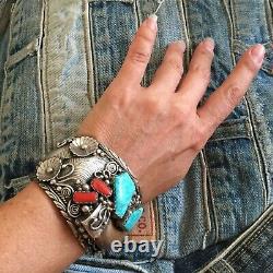 Huge Vintage Navajo Turquoise Coral Sterling Silver Bracelet Old