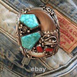 Huge Vintage Navajo Turquoise Coral Sterling Silver Bracelet Old