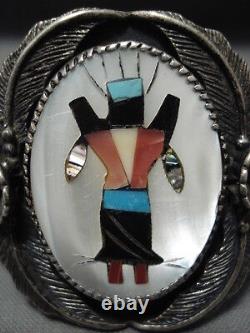 Huge Vintage Navajo'dancing Kachina' Turquoise Silver Patina Bracelet