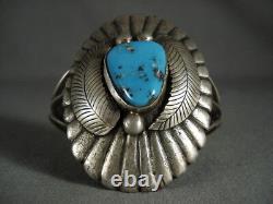 Huge Vintage Navajo'turquoise Sheild' Leaves Silver Bracelet
