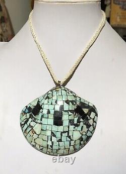 Huge Vintage Zuni Indian Turquoise & Mosaic Shell Pendant Necklace