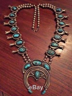 Impressive Vintage NAVAJO Sterling Silver Turquoise SQUASH BLOSSOM Necklace 291g
