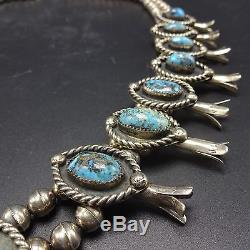 Impressive Vintage NAVAJO Sterling Silver Turquoise SQUASH BLOSSOM Necklace 291g