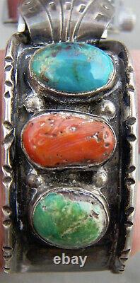 Indian Jewelry Older Turquoise, Coral, & Sterling Watch Bracelet