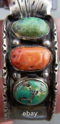 Indian Jewelry Older Turquoise, Coral, & Sterling Watch Bracelet