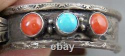 Indian Jewelry Vintage Zuni Turquoise, Coral, & Sterling Watch Bracelet