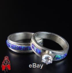 Inlay sky Opal Wedding band Set vintage old Navajo jewelry sz 7 sterling. 925